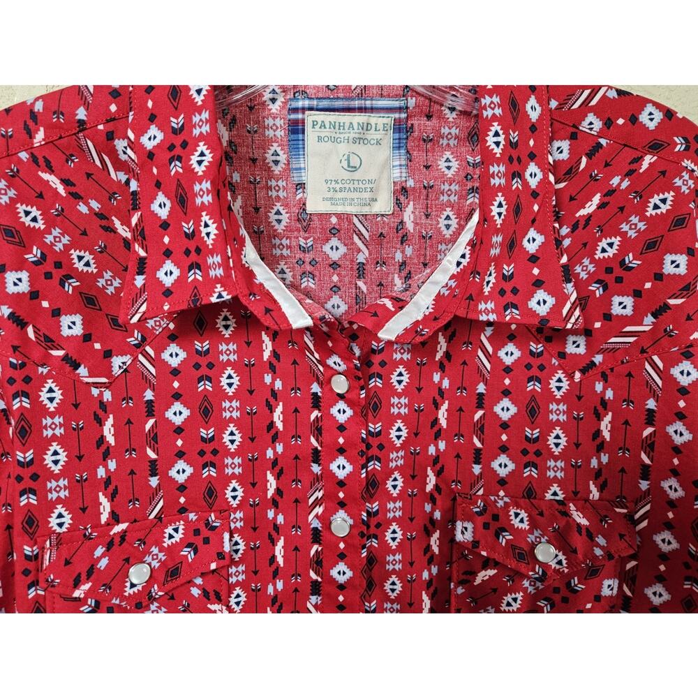 PANHANDLE ROUGH STOCK Women's L Western Shirt Pearl Snaps Red Blue White 40" - Picture 4 of 7